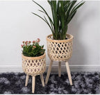 Nordic Style Rattan Flower Pot Indoor Balcony Living Room Plant Green Flowers Hand-Woven Wooden Tall Floor Flower Stand (Beige, 9.7x17inch(24.5x43cm))