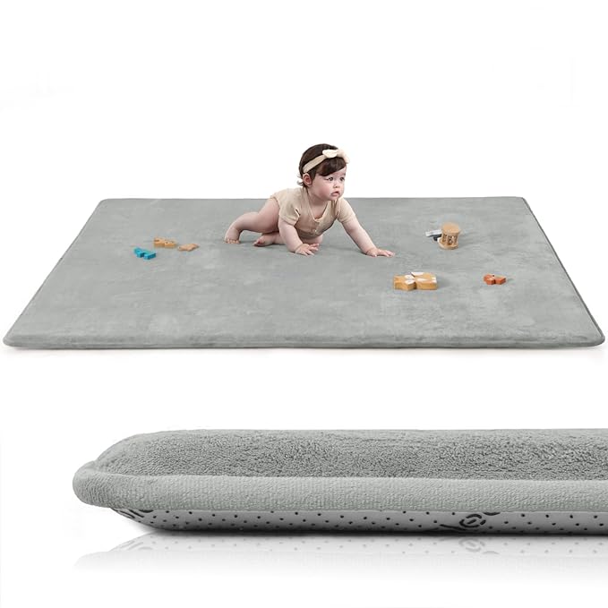 Baby Play Mat for Floor,Extra Large 79"×118" Playroom Mat,Thicker Memory Foam Classroom Mats,Water Repellent Ultra Soft Coral Velvet,Non-Slip Backing Safe for Crawling(Light Grey)