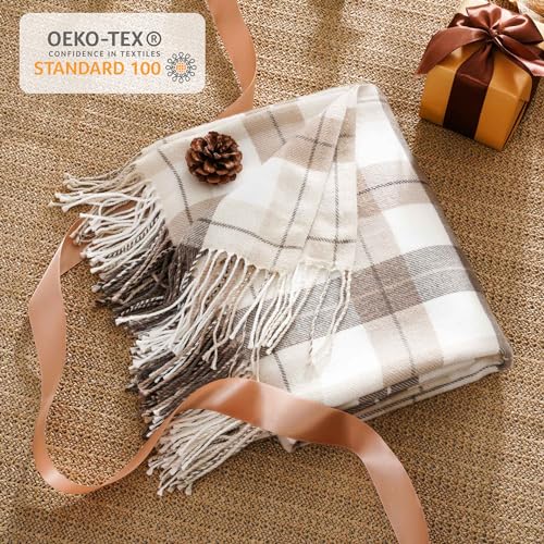 BATTILO HOME Fall Plaid Throw Blanket for Couch, Farmhouse Checkered Decor Throw, Lightweight Beige Throw Blankets for Bed Sofa Neutral Fall Decor, 49"x63" - color: Grey&white