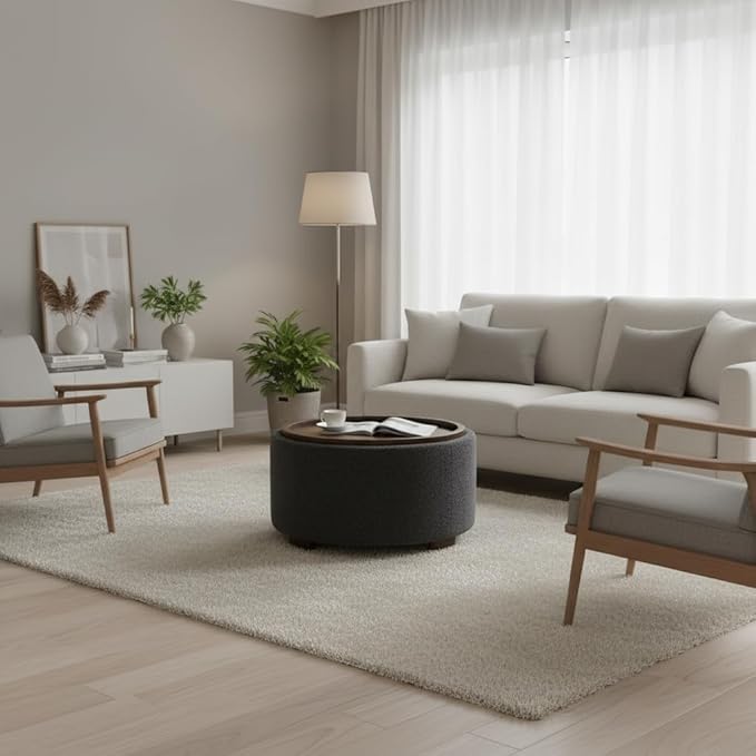 30 Inch Round Storage Ottoman Coffee Table, Modern Boucle Ottoman with Lift-Off Lid and Solid Wood Legs for Living Room, Bedroom, Corners, Apartments (Grey)