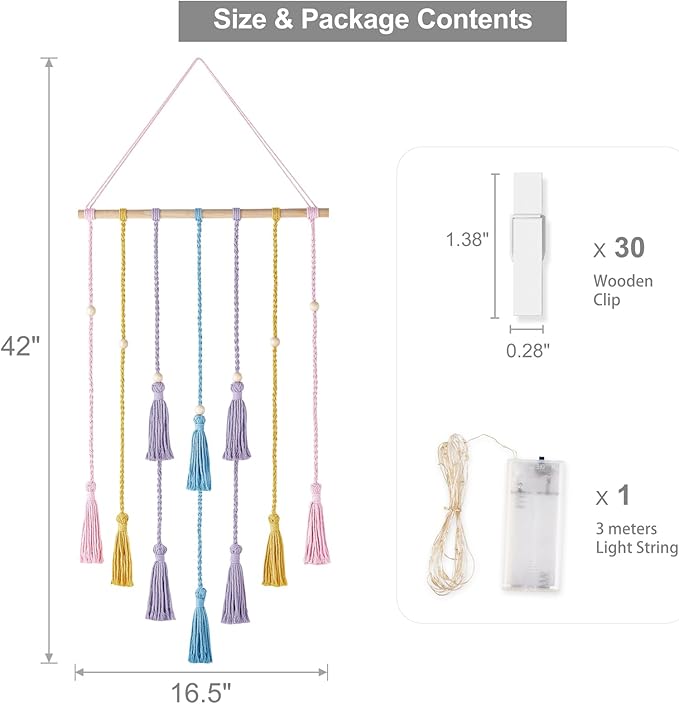 Mkono Hanging Photo Display Boho Macrame Wall Decor with Light, Teen Girl Teenage Gifts, Pictures Cards Frame Holder Art Hanger for Christmas Birthday Party Bedroom Dorm, with 30 Wood Clips, Multi
