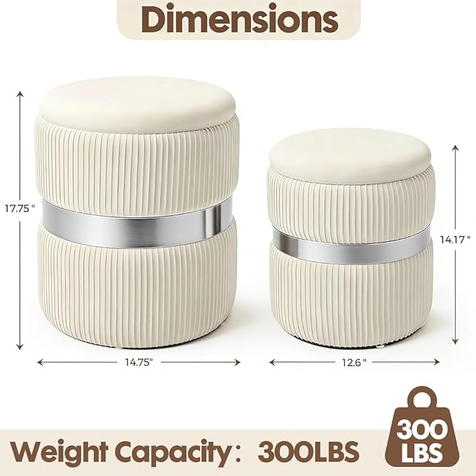 Round Storage Ottoman Set of 2 - Multi-Functional Footrest & Vanity Stool for Living Room, Space-Saving Side Table with Hidden Compartment, Sturdy Seating for Small Apartments & Bedroom, White
