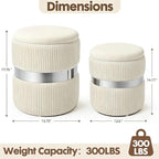 Round Storage Ottoman Set of 2 - Multi-Functional Footrest & Vanity Stool for Living Room, Space-Saving Side Table with Hidden Compartment, Sturdy Seating for Small Apartments & Bedroom, White