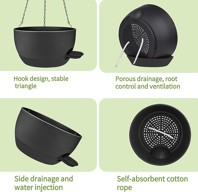 12 Inch Self Watering Hanging Planters 2 Pack, Indoor Outdoor Hanging Pots for Plants with Drainage Holes & Saucers, Black Plastic Hanging Baskets for Kitchen Balcony Garden