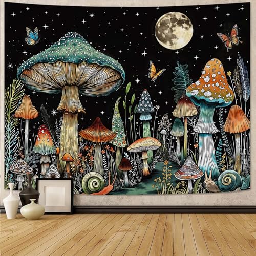 Accnicc Vintage Mushroom Tapestry Hippie Plant Butterfly Wall Tapestry for Bedroom Aesthetic Fantasy Moon Starry Night Snail Large Tapestries Wall Hanging for Dorm Living Room Decor 80 × 60 Inch - color: Black Blue, size: 80"L x 60"W