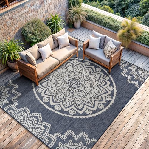 CAMILSON Outdoor Rug 6x9 Modern Area Rugs for Indoor and Outdoor Patios and Porches - Waterproof, Washable, Non-Shedding, Easy-to-Clean Outside Carpet (6 x 9, Medallion - Blue/White) - color: Medallion - Blue / White, size: 6'7" x 9' (Rectangular)