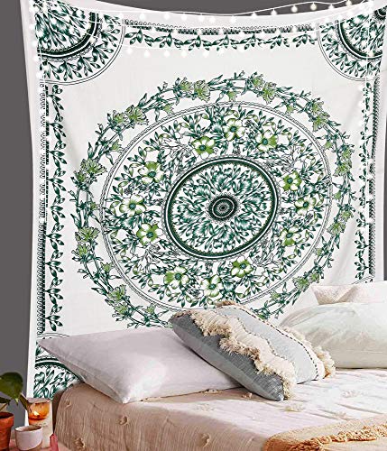 ANJANIYA Floral Wall Hanging Boho Tapestry, Mandala Dorm Décor Tapestry for Room, Beach, Wall, Psychedelic Hippie Wall Hanging Décor and Beach Coverlet Curtain (Green White, 54"X60") - color: Green White, size: 60"L x 54"W