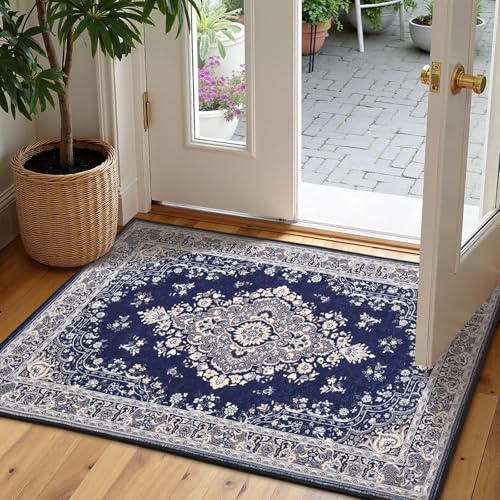 HOMORE Entryway Rug 2x3 Small Rugs for Bedroom, Navy Blue Floral Faux Wool Non Slip Washable Low Pile Indoor Doormat for Entance Kitchen Bedside, Accent Rugs for Room Decor - color: Navy Blue, size: 2' x 3' (Rectangular)