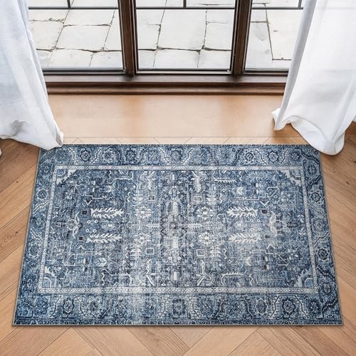 Bloom Rugs Washable Non-Slip 2' x 3' Rug - Blue Traditional Oriental Area Rug for Living Room, Bedroom, Dining Room, and Kitchen - Exact Size: 2' x 3' - color: Blue, size: 2' x 3' (Rectangular)