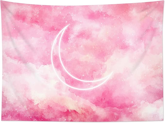 LB Pink Sky Tapestry Fantasy Pink Cloud and Moon Nature Landscape Wall Hanging Colorful Aesthetic Tapestries Wall Blanket for Bedroom Living Room Girl Teen Dorm Party Decor 92.5x70.9 Inches