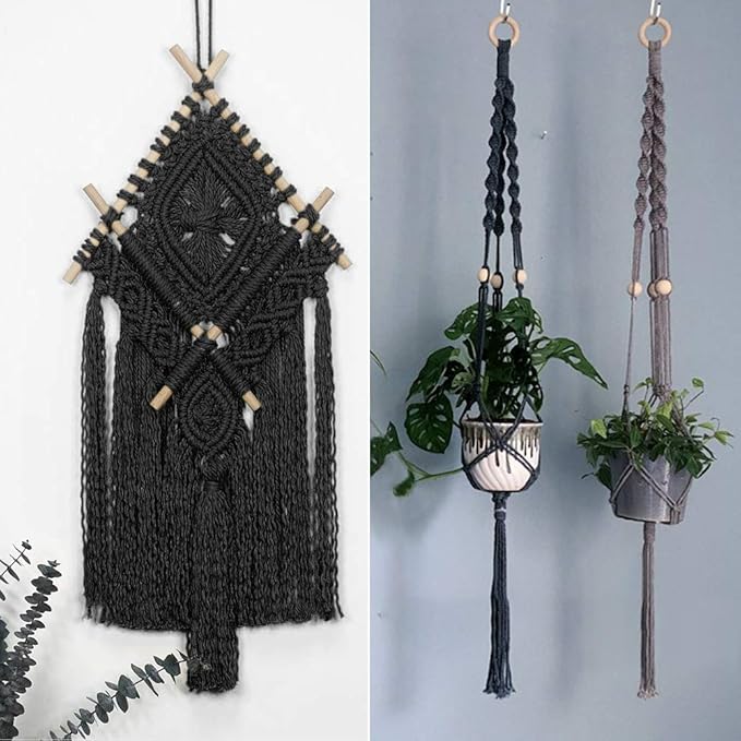 Tenn Well Black Macrame Cord, 165 Feet 5mm Wide Braided Cotton Rope for Macrame Plant Hangers, Wall Hangings, DIY Crafts, Halloween Decor