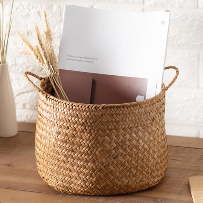 Ciieeo Japanese Style Woven Storage Basket Handles Handcrafted Decorative Organizer for Cosmetics Flower Arrangement or Nursery Natural Grass Weave for Home Decor