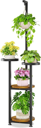 KMOTASUO Black 4 Tier Plant Stand Indoor with Hanging Ring, Tall Large Heavy Duty Metal and Wood Vertical Rack for Multiple Planter, Sturdy Rustic Corner Flower Shelf Holder Organizer for House Patio