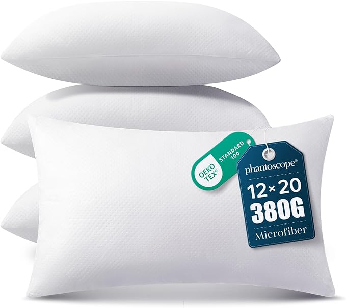 Phantoscope Pillow Inserts, Hypoallergenic 100% Virgin Fiber Square Form Microfiber Throw Pillow Inserts, Couch Bed Pillows, 12x20 Inch (Pack of 4)