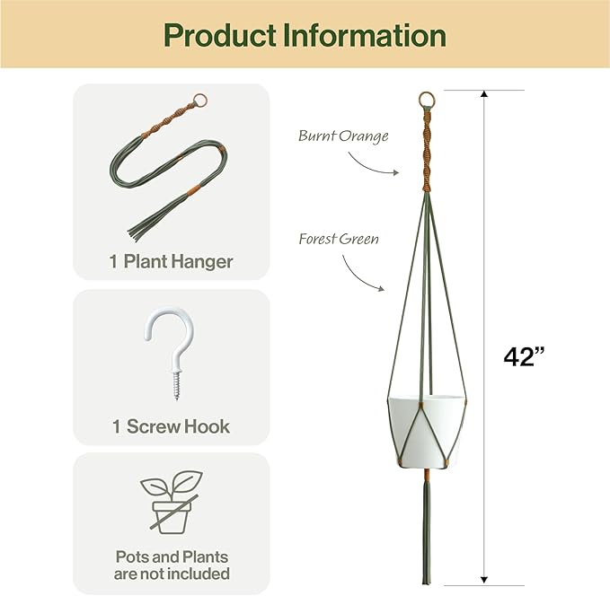 Macrame Plant Hanger Polyester Rope 42 Inch Outdoor Indoor Adjustable Hanging Planter for up to 10 Inch Plant Pot Modern Boho Home Decor (1, Forest Green/Burnt Orange)
