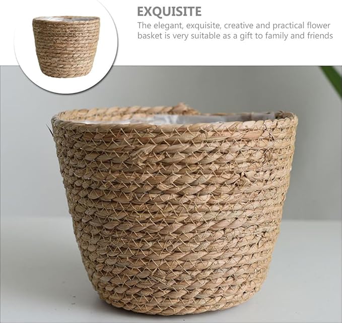 Hand Woven Planter Basket with Liner Rustic Straw Flower Pot for Indoor Outdoor Plants Balcony Living Room Decor 7.8X9.75X7.8 Inches