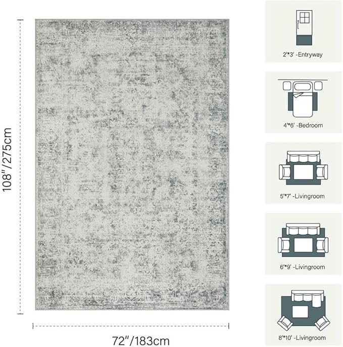 6x9 Area Rugs for Living Room Bedroom, Large Washable Rug, Grey Vintage Abstract Boho Rug, Non Slip & Low Pile Faux Wool Carpet for Indoor Dining Room, Farmhouse and Kids Room(Grey 6x9ft)