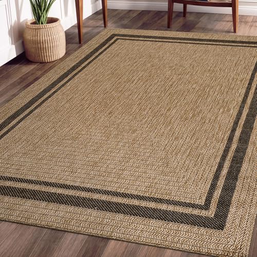 Beverly Rug Easy Jute Bordered Rug 4x6 Washable Durable Indoor Outdoor Area Rugs for Living Dining Room Patio Office Stain Resistant Non Shedding Casual Indoor Outside Carpet 4 x 6 Natural - color: Bordered/Natural-black, size: 4' x 6' (Rectangular)