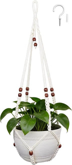 35 Inch Macrame Plant Hanger, Large for up to 15 Inch Pot Extra Long Hanging Planter Holder Basket with Wood Beads for Indoor Outdoor Home Decor (Ivory, 1-Pack)