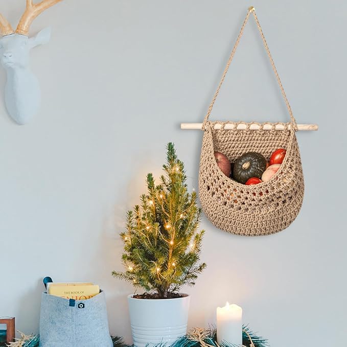 Hanging Fruit Basket Handmade Boho Cotton Rope Wall Hanging Basket Over Door Storage Woven Baskets for Kitchen and Bedroom to Store Any Small Stuffe (1, jute)
