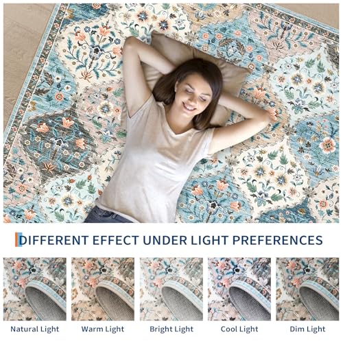 ROYHOME Small Rug Moroccan Trellis Washable Area Rug Doormat Stain Resistant Non-Slip Entryway Rug Distressed Floral Floor Carpet for Indoor Front Entrance Kitchen Bathroom, Blue/Taupe, 2' x 3' - color: Blue/Taupe, size: 2' x 3' (Rectangular)
