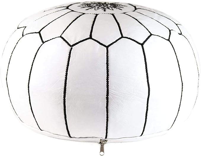 ARTOUARZAZATE Premium Moroccan Leather Pouf Cover - Round & Large Ottoman Footstool Cover with Embroidery - Cover ONLY - Perfect for The Living Room Bedroom, Kids Room, Gift & Wedding (White By Black)