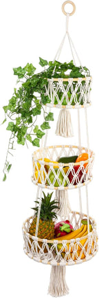 3 Tier Hanging Basket, Hanging Fruit Baskets for Kitchen Storage Organizer - Cotton Woven Multi-Layer Produce Holder with Hang Loop for Vegetables Plants Home Decor