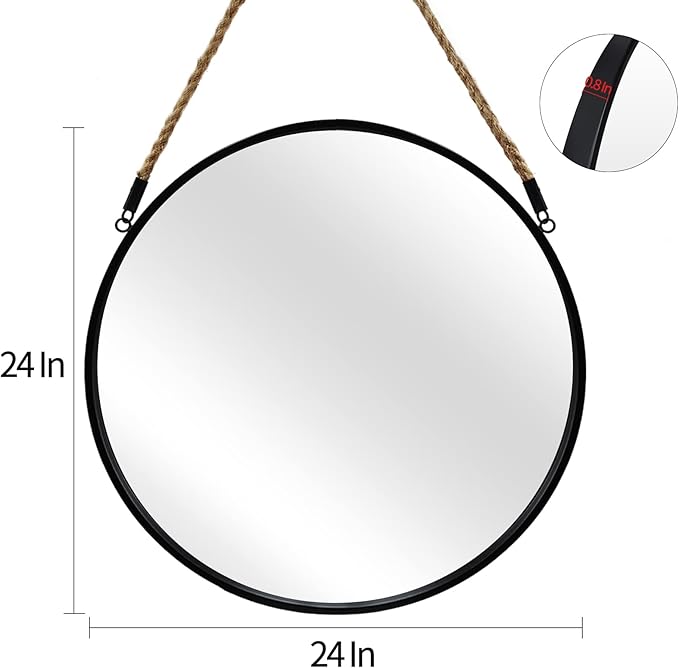POZINO Round Mirror, 24 Inch Hanging Mirror with Rope, Circle Wall Mirrors, Black Frame Farmhouse Mirrors for Bathroom Bedroom Living Room Entryway Home Decor