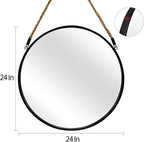 POZINO Round Mirror, 24 Inch Hanging Mirror with Rope, Circle Wall Mirrors, Black Frame Farmhouse Mirrors for Bathroom Bedroom Living Room Entryway Home Decor