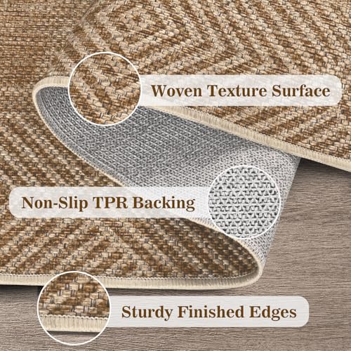 Jute Rug 5x7 Outdoor Patio Rug with Border, Washable Rugs for Living Room, Farmhouse Non Slip Area Rugs with Rubber Backing Indoor Outdoor, Non Shedding Carpet for Bedroom, Courtyard, Light Brown - color: Light Brown, size: 5'x7'