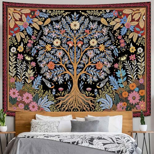 Spenlife Tree of Life Tapestry, Dark Whimsical Floral Tapestries for Bedroom, Cottagecore Wall Decor, Nature Tapestries (60" x 44") - color: Green Red, size: 60"L x 44"W
