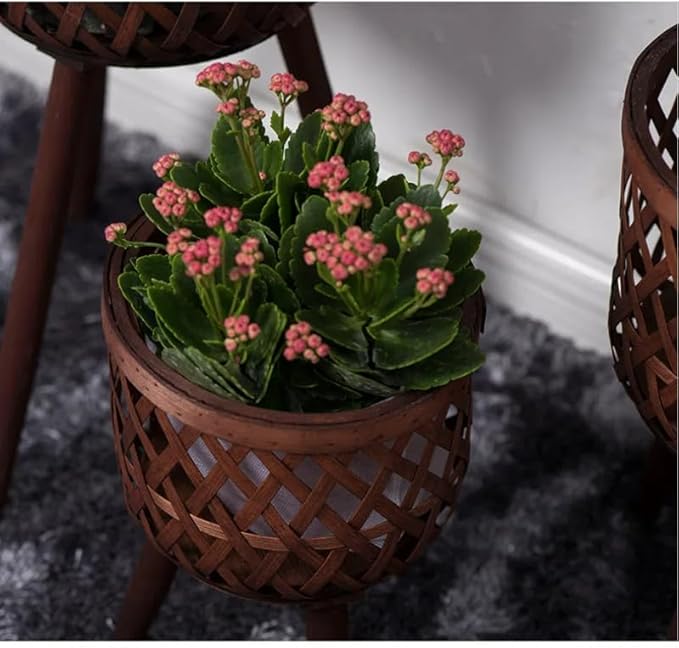 Nordic Style Rattan Flower Pot Indoor Balcony Living Room Plant Green Flowers Hand-Woven Wooden Tall Floor Flower Stand (Brown, 9.7x17inch(24.5x43cm))