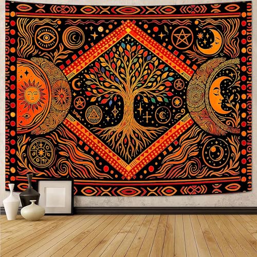 Lunerfex Tree of Life Sun Moon Stars Wall Tapestry, Cosmic Harmony Symbol Tapestries for Home Decor, Mystical Tapestry 60x44 Inch - color: Red Orange, size: 60"L x 44"W