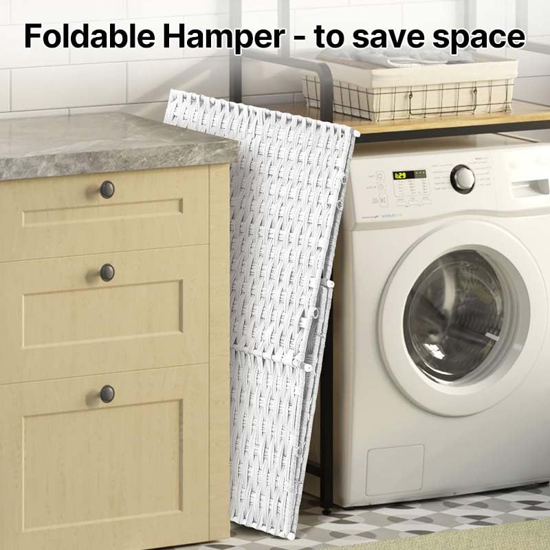 Greenstell Laundry Hamper with lid, No Install Needed, 110L Wicker Laundry Baskets Foldable 2 Removable Liner Bags, 2 Section Clothes Hamper Handwoven Rattan Laundry Basket with Handles, White - color: White