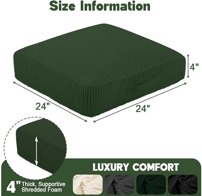 Floor Pillow for Adults Set of 2, 4" Square Floor Cushions with Washable Cover, Large Corduroy Meditation Pillow, 24 inches Tatami Seat with Handle for Living Room or Yoga, Green