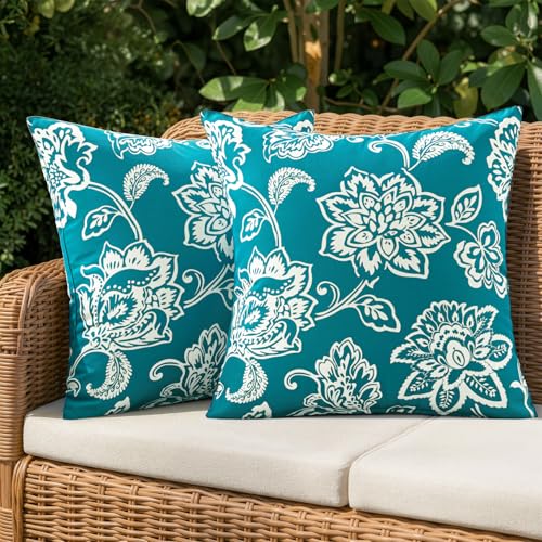 Decorative Outdoor Floral Pillow Covers Set of 2,Waterproof Boho Farmhouse Throw Pillows Summer Coastal Accent Pillowcases for Patio Furniture Garden Sofa 18x18 Inch, Teal Blue - color: Teal Blue