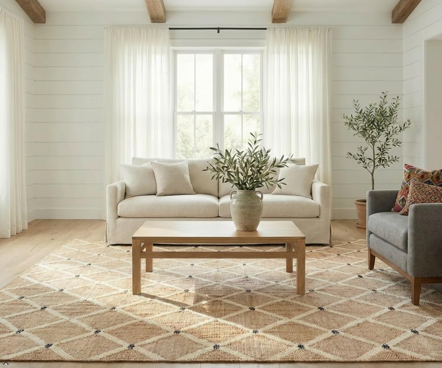 Hand Woven Jute Rug 4'x6' Area Rug - Rectangular Handcrafted Premium Geometric Design, Indoor Reversible Natural Fiber Rugs - Rustic Farmhouse Carpet for Living Room, Hallway, Bedroom - Natural - size: 4' x 6' (﻿Rectangular)