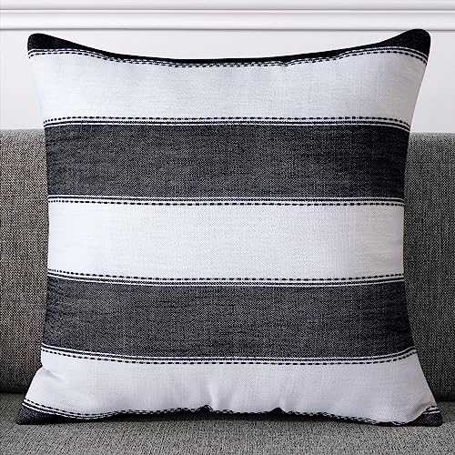 AmHoo Pack of 2 Farmhouse Stripe Check Throw Pillow Covers Set Case Cotton Linen Decorative Pillowcases Cushion Cover for Couch Bench Sofa 16x16Inch Black - color: Black, size: 16" x 16" (Pack of 2)