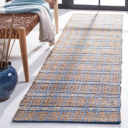 SAFAVIEH Natural Fiber Collection Runner Rug - 2'3" x 8', Blue & Natural, Handmade Boho Stripe Farmhouse Rustic Jute & Cotton Jute, Ideal for High Traffic Areas in Living Room, Bedroom (NFB656M) - color: Blue/Natural, size: 2'3" x 8' (Runner)