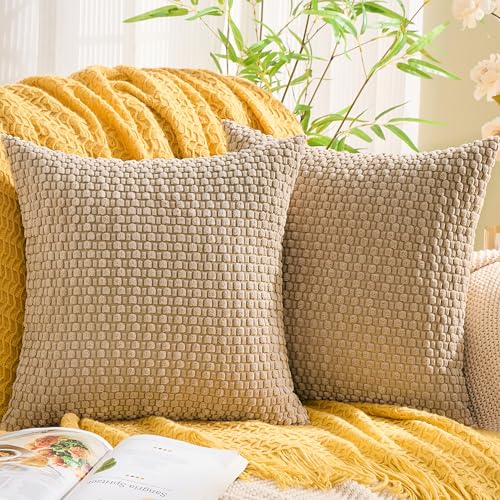 GAWAMAY Decorative Throw Pillow Covers 22x22 Inch Set of 2 for Living Room Couch Bed Sofa, Farmhouse Square Cushion Cover Soft Striped Corduroy Pillow Cases Boho Accent Home Decor (55x55cm) Beige - color: Beige, size: 22" x 22" (Pack of 2)