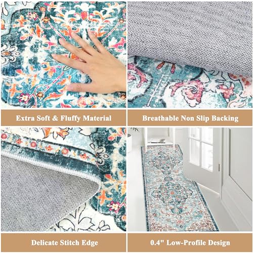 Pauwer Boho Hallway Runner Rug 2x6 Washable Entryway Area Rugs Non Slip Farmhouse Vintage Floor Mat Carpet Runner for Hallways Laundry Room Kitchen Bathroom Bedroom - color: Teal, size: 2' x 6' (Runner)