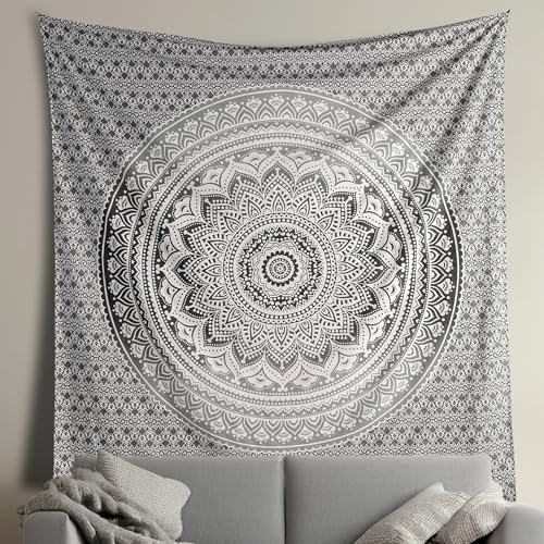 THE ART BOX Grey Black Cotton Tapestry Mandala Wall Hanging – Tapestry for Bedroom – Boho Room Decor – Twin Size Aesthetic Wall Tapestry 55x82 Inches - color: Grey and White, size: 55"L x 82"W