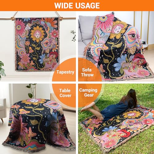 Hippie Flower Boho Throw Blanket for Couch Bed Chair Lounge Hippie Room Decor Reversible Cotton Woven Whimsical Throw Blanket Witchy Room Decor Throws Bed Spread Outdoor Camping Blanket 51x59 Inches - color: Woven Hippie Girl