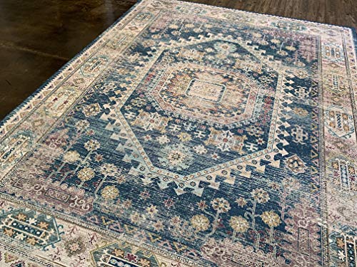 Blue Beige Vintage Faded Distressed Print Style Area Rug/ Carpet