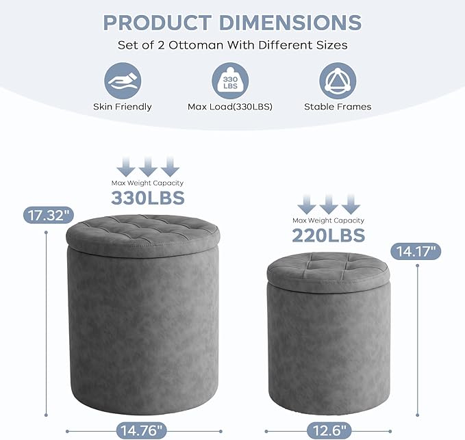 12.6" W x 14.17" H & 14.76" W x 17.32" H Storage Ottoman Foot Stool for Couch, Nesting Round Vanity Stools Padded Ottomen, Leather Set of 2 Footrest for Living Room,Grey