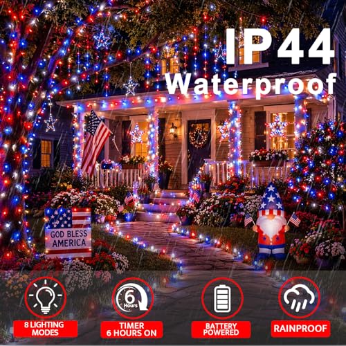 Couah 2 Pack 100 LED 38.4FT Red White and Blue Lights Battery Operated, Patriotic 4th of July Lights 8 Modes-Timer Indoor Outdoor Party Patriotic Memorial Day Independence 4th of July Decorations - size: 34.8FT-Red White Blue