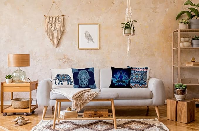 Jartinle Navy Mandala Pattern Throw Pillow Covers 18x18 Set of 4 Boho Accents Decorative Throw Pillows for Couch, Sofa, Outdoor Patio Bohemian Decor