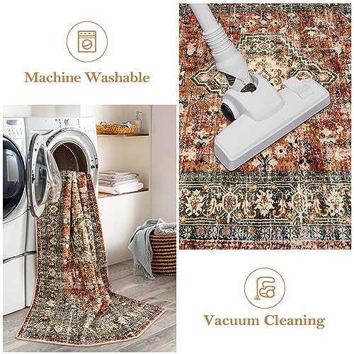 Lahome Oriental Washable Small Area Rug, 2x3 Rugs for Entryway Kitchen, Ultra-Thin Soft Indoor Door Mat Non Slip Throw Carpet for Bedroom Bathroom Eleanor, Brick Red - color: Brick Red, size: 2' x 3' (Rectangular)