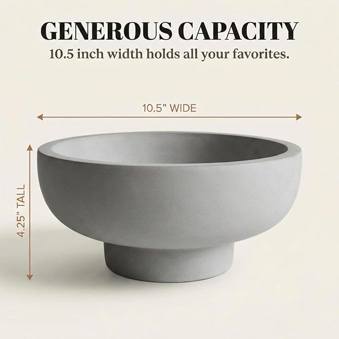 OAKOA Concrete Fruit Bowl for Kitchen Counter - Large Decorative Bowls for Home Decor - Modern Key Bowl for Entryway Table - Pedestal Bowl for Keys