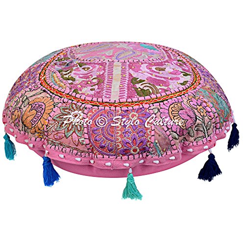 Ethnic Floor Pillow Cushion Vintage Bohemian Patchwork Cover Round Blush Pink Throw Pillow Cover 18 Small Decorative Decor Seating Pouf Cover Footstool Cotton Embroidered 1 Pc - color: Baby Pink